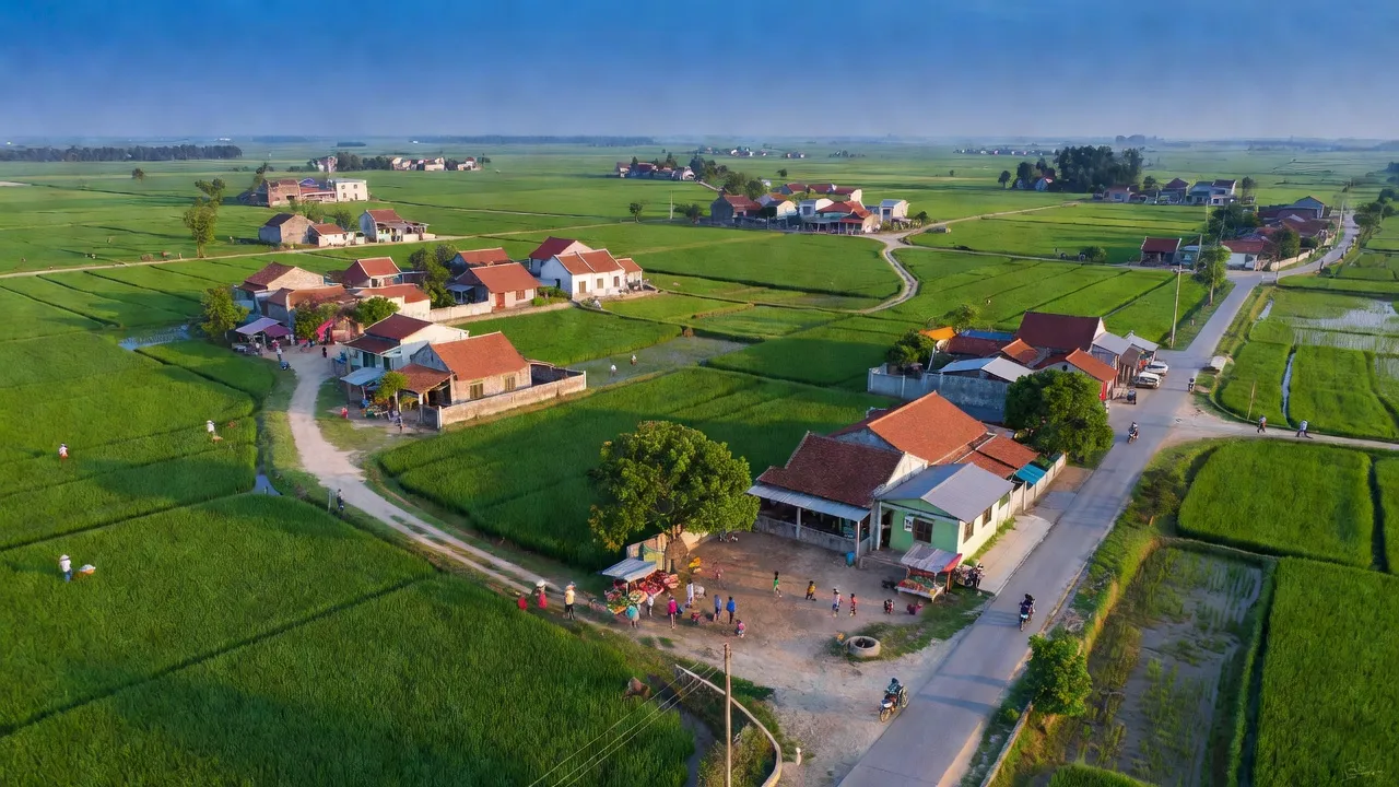 Toàn cảnh xã Dục Tú, huyện Đông Anh, Hà Nội với cánh đồng xanh và đường Quốc lộ 3.