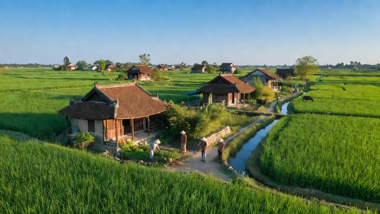 Khung cảnh xã Kim Chung, huyện Đông Anh, Hà Nội với cánh đồng xanh và nhà truyền thống.