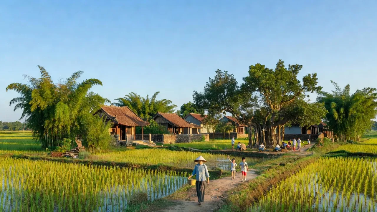 Khung cảnh yên bình của xã Kim Nỗ, huyện Đông Anh, Hà Nội với nhà truyền thống và thiên nhiên tươi tốt.