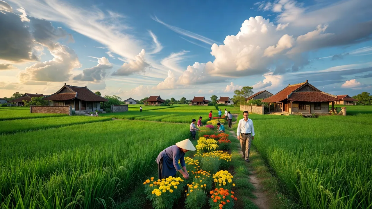 Cảnh quan xã Liên Hà, Đông Anh, Hà Nội với cánh đồng và hoạt động ngoài trời của người dân.