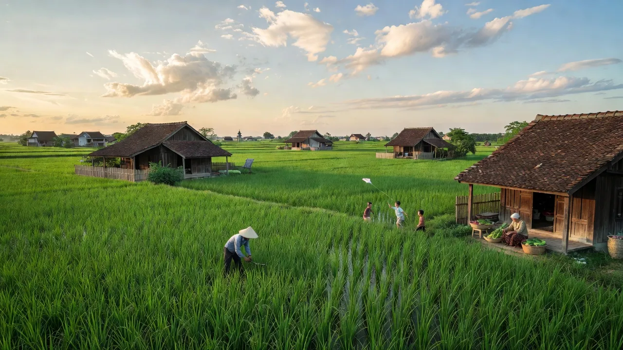 Khung cảnh vùng quê Xã Liên Hà, huyện Đông Anh, Hà Nội với nhà truyền thống và cánh đồng xanh.