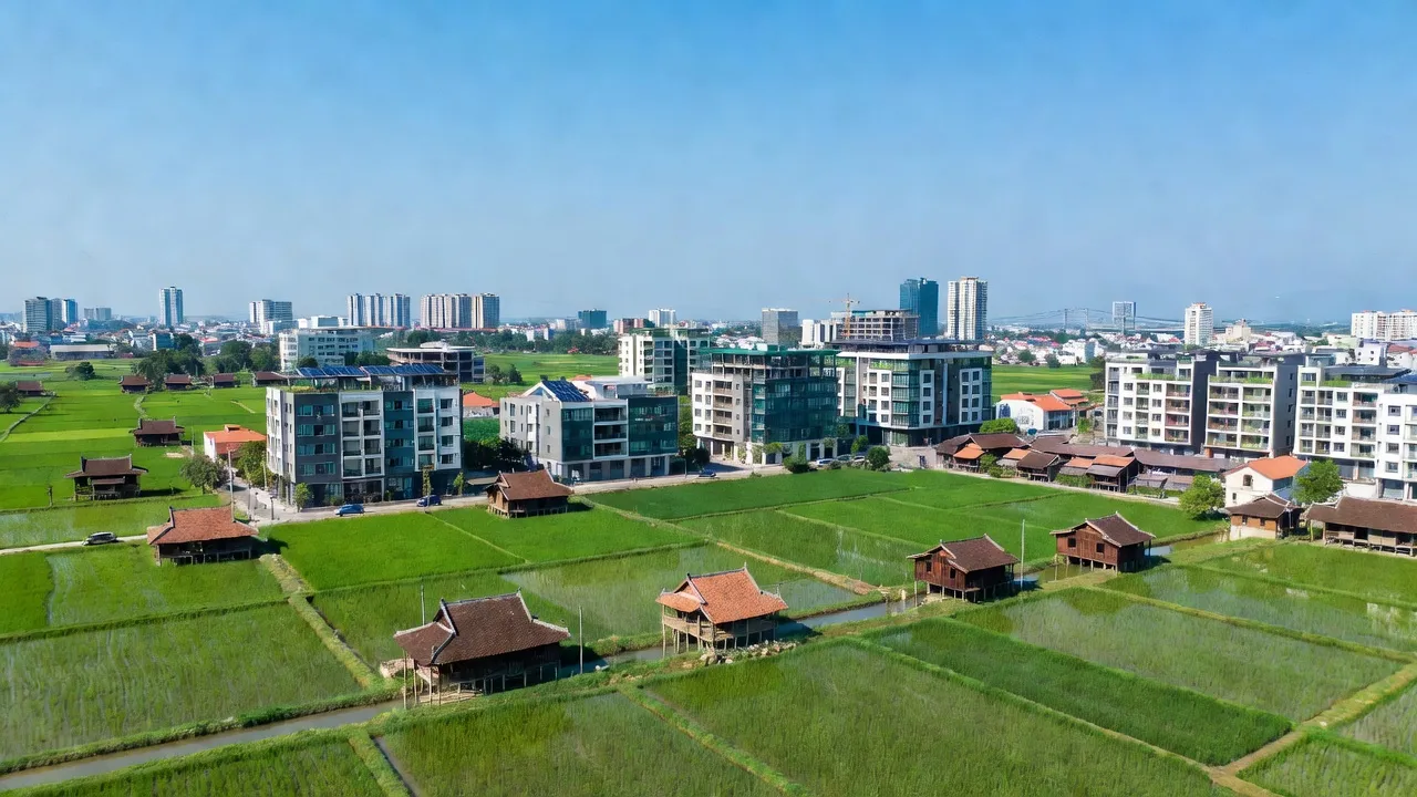 Khung cảnh xã Mai Lâm, huyện Đông Anh, Hà Nội với nhà cửa hiện đại và cánh đồng xanh tươi.