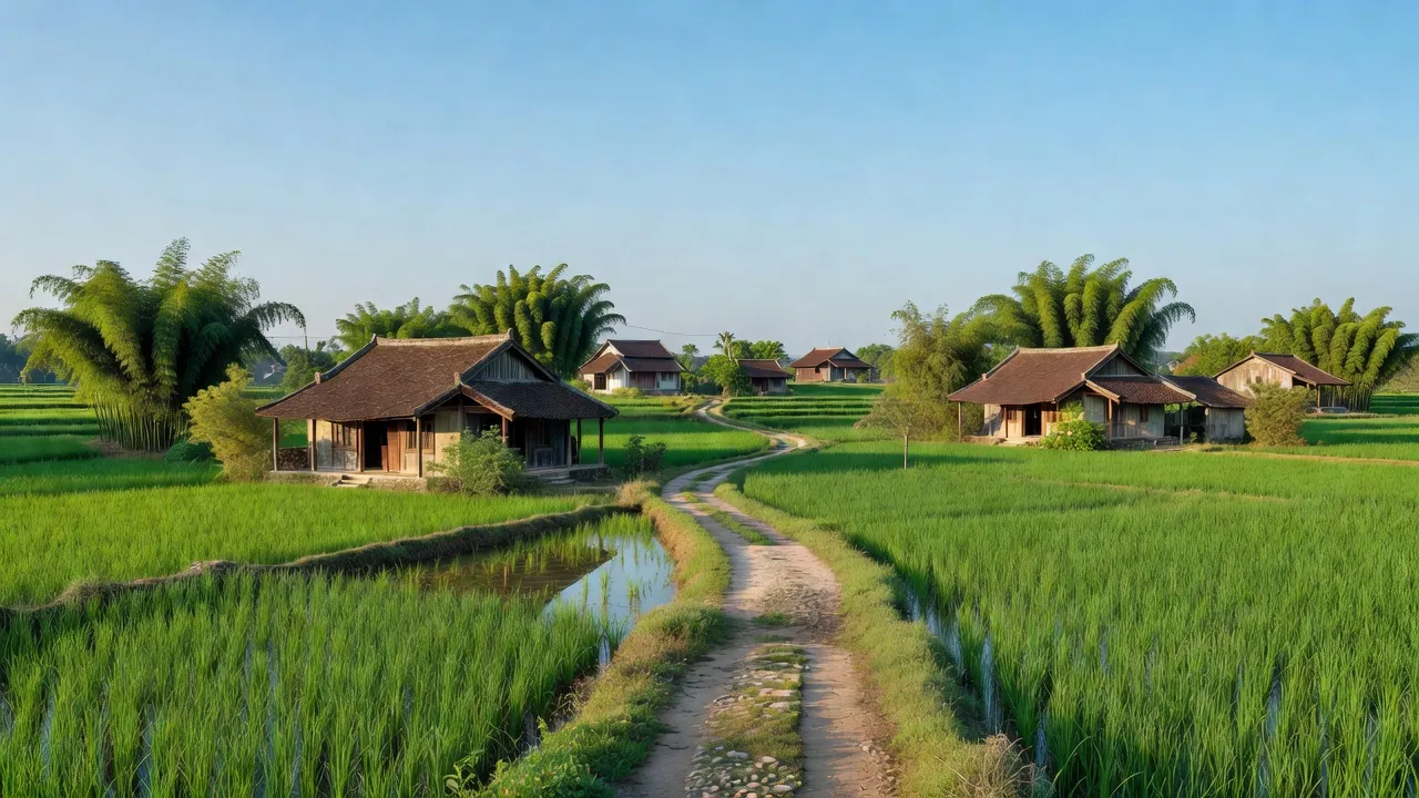 Khung cảnh làng Nam Hồng, huyện Đông Anh, Hà Nội với nhà truyền thống và cây xanh.