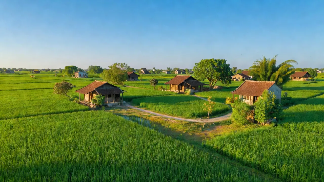 Cảnh đẹp xã Nguyên Khê, huyện Đông Anh, Hà Nội với cánh đồng xanh và nhà cửa truyền thống.