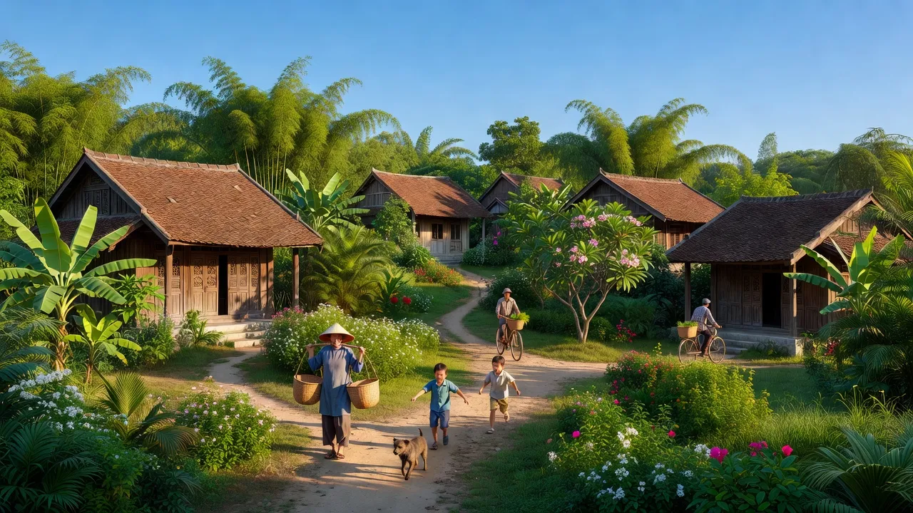 Cảnh quan xã Tàm Xá, huyện Đông Anh, Hà Nội với nhà truyền thống và cây cối xanh tươi.