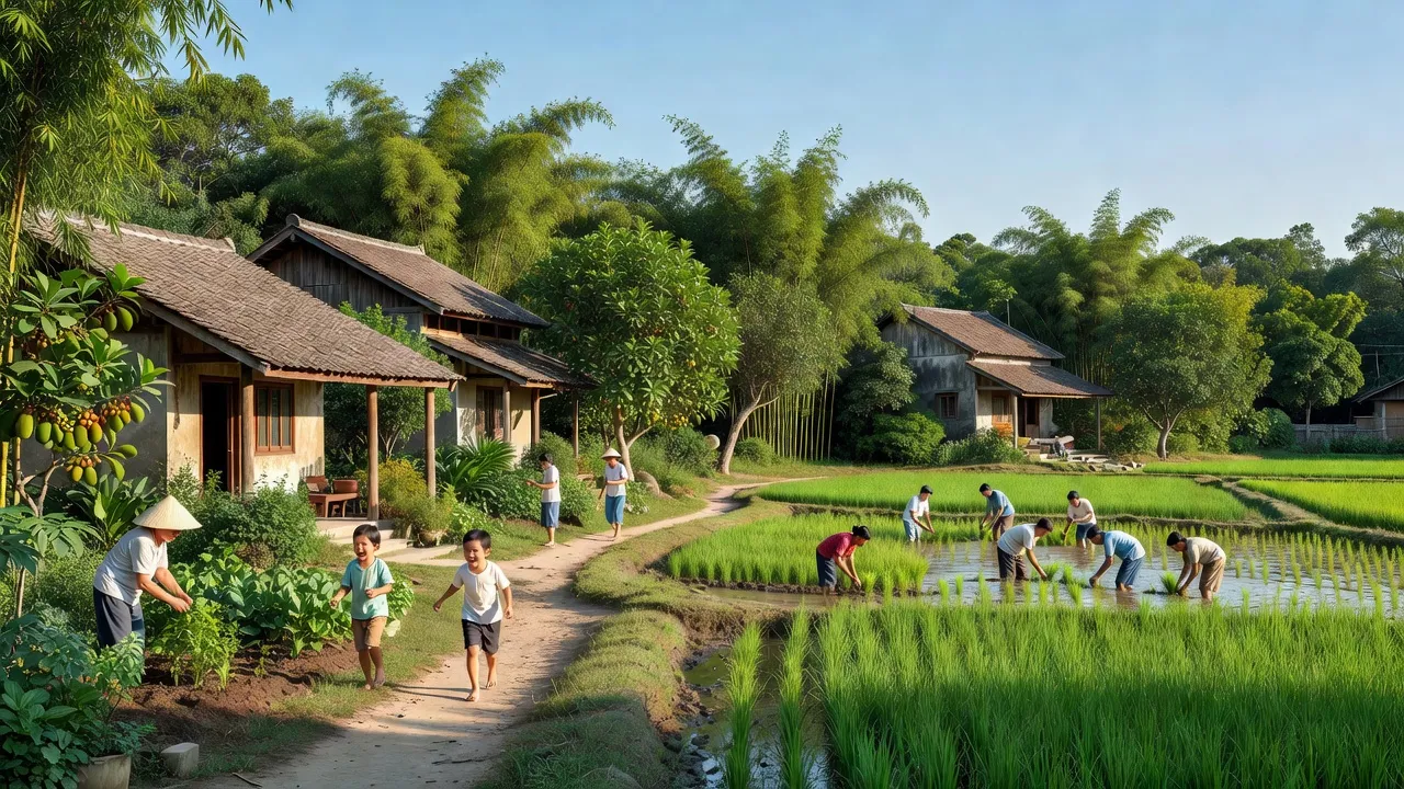 Khung cảnh bình yên xã Tàm Xá, huyện Đông Anh, Hà Nội với nhà truyền thống và cây cối xanh tươi.