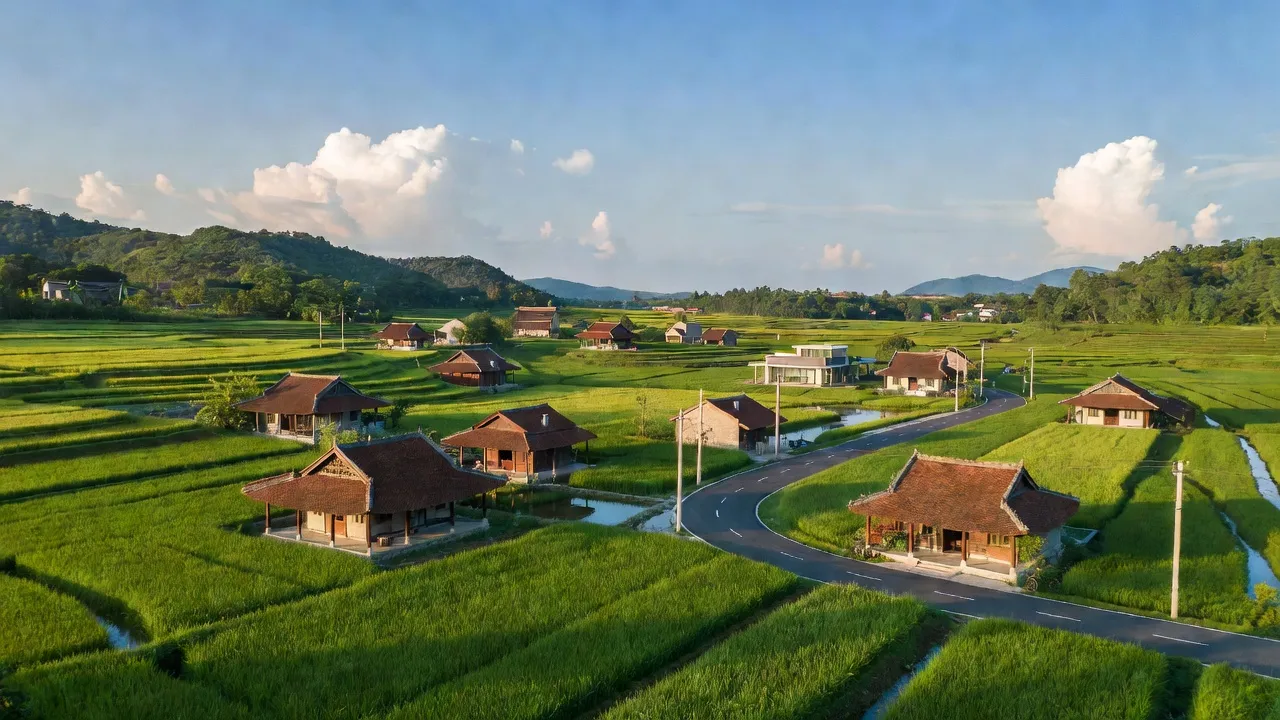 Khung cảnh xã Thuy Lâm, huyện Đông Anh, Hà Nội với cánh đồng xanh và nhà truyền thống.