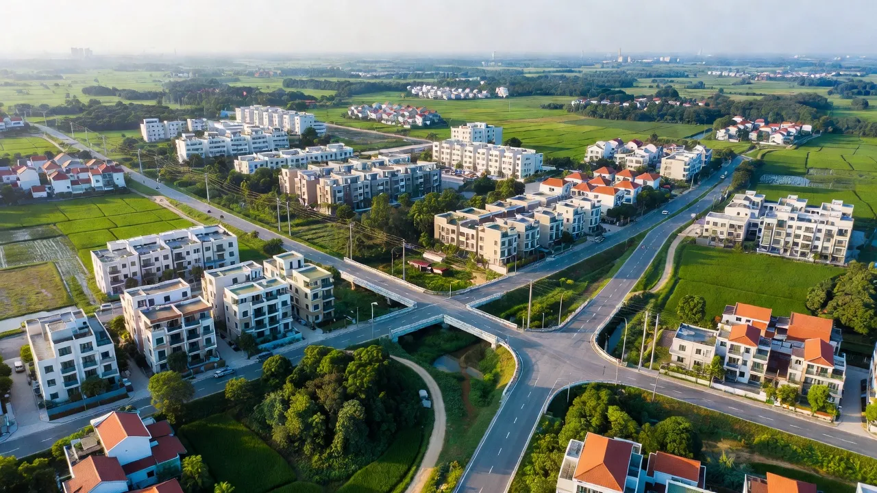 Quang cảnh xã Tiên Dương, huyện Đông Anh, Hà Nội với cảnh sắc xanh tươi và dự án phát triển đô thị.