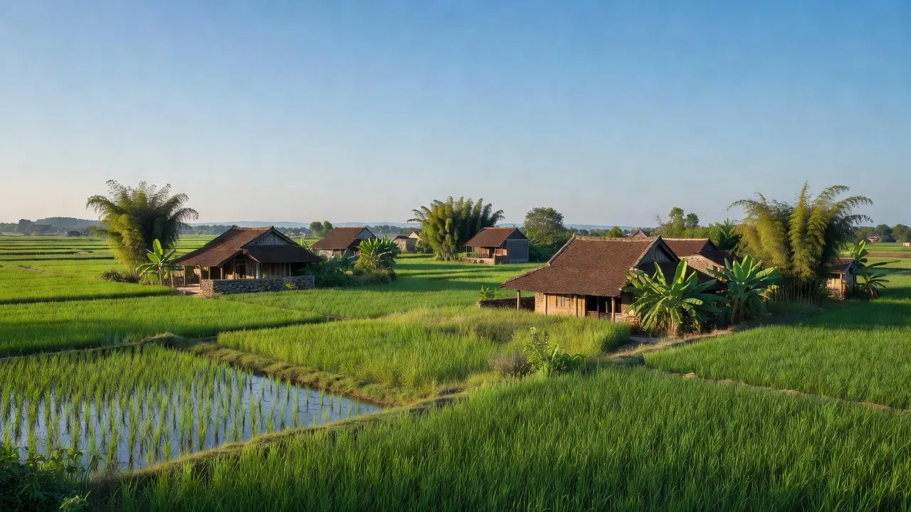 Cảnh sắc bình yên ở Xã Vân Hà, huyện Đông Anh, Hà Nội với nhà truyền thống và cánh đồng xanh mát.