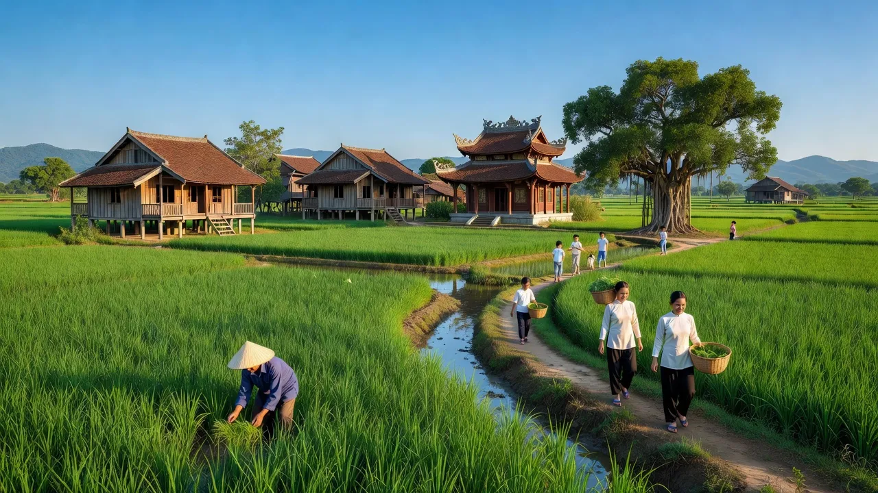 Khung cảnh xã Vân Nội, Đông Anh với cánh đồng xanh và kiến trúc truyền thống, bầu trời trong xanh.