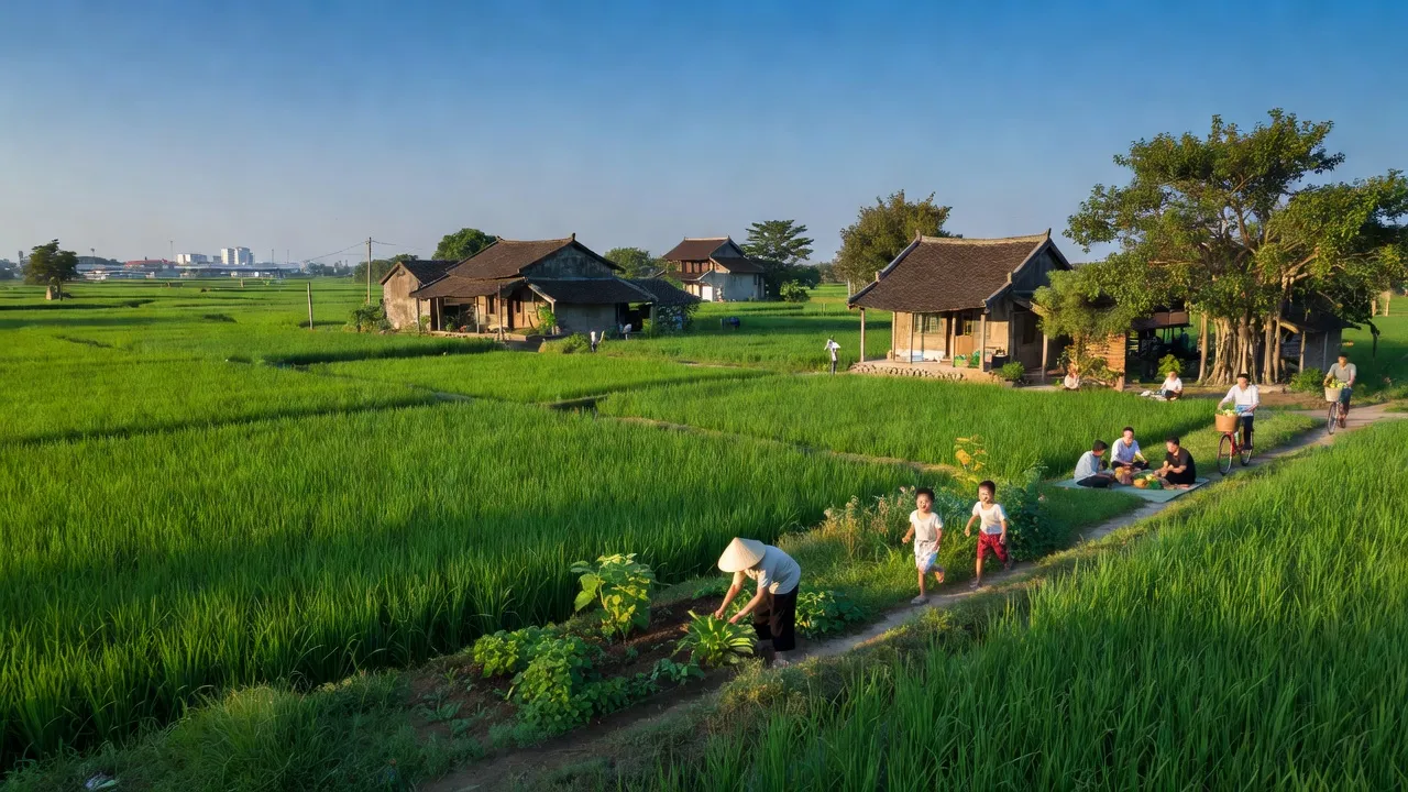 Khung cảnh yên bình xã Vân Nội, huyện Đông Anh, Hà Nội với những cánh đồng xanh mướt.