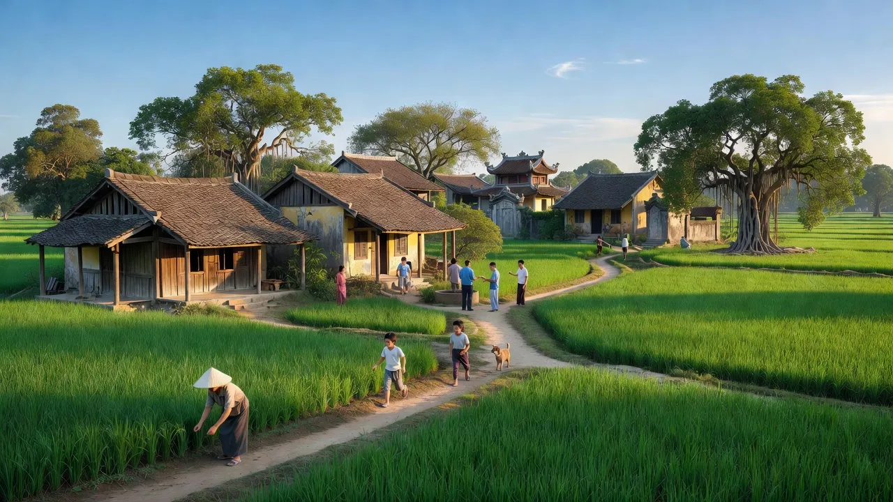 Cảnh đẹp xã Việt Hùng, huyện Đông Anh với ruộng xanh và nhà dân. Việt Hùng village, Đông Anh district, Hanoi.