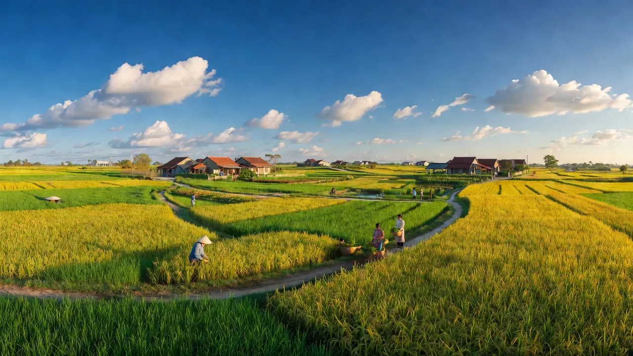 Khung cảnh xã Việt Hùng ở huyện Đông Anh, Hà Nội với đồng ruộng và bầu trời xanh.