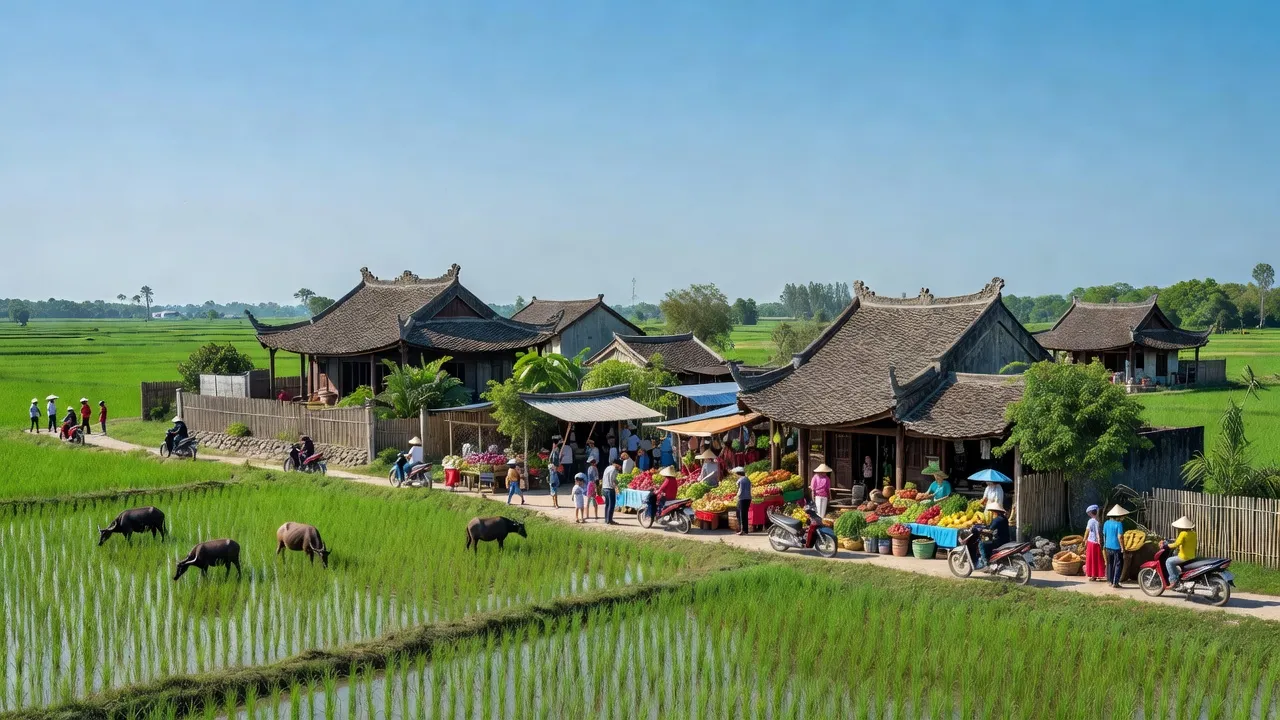Vĩnh Ngọc, Đông Anh, Hà Nội, landscape with green fields, traditional houses, local market atmosphere.