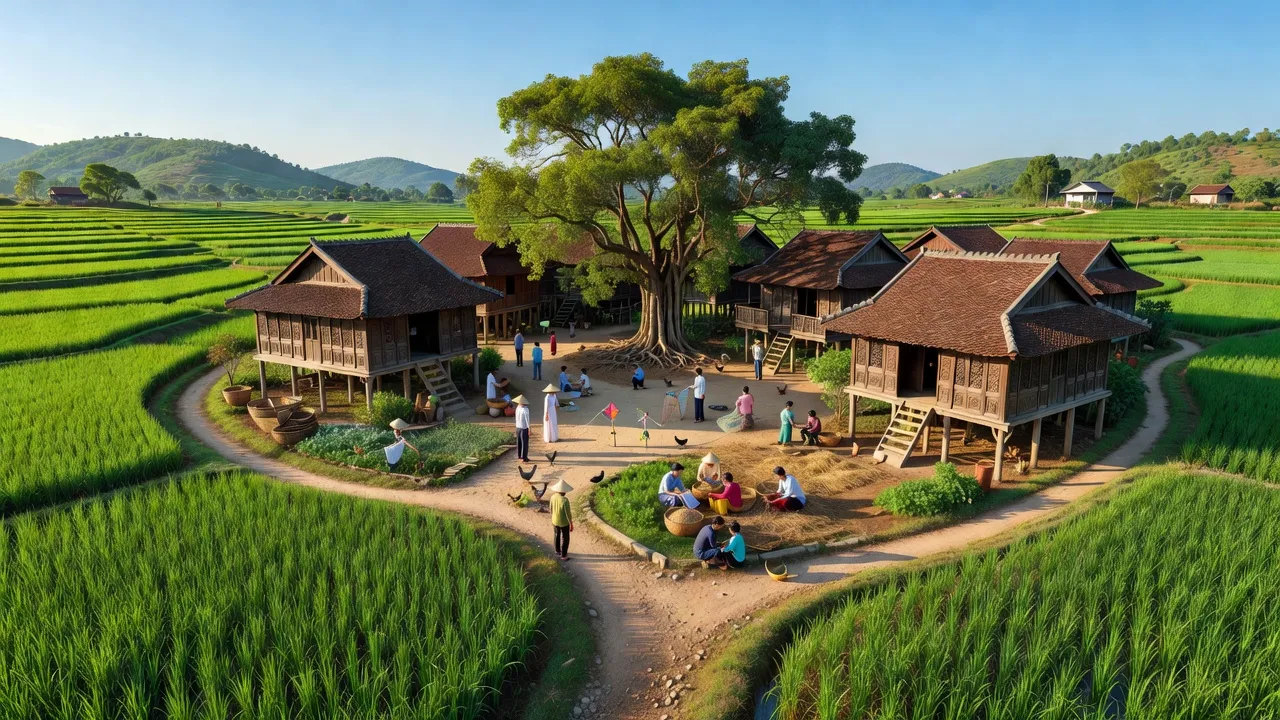 Vĩnh Ngọc xã, Đông Anh, Hà Nội với kiến trúc truyền thống và cảnh quan xanh tươi.
