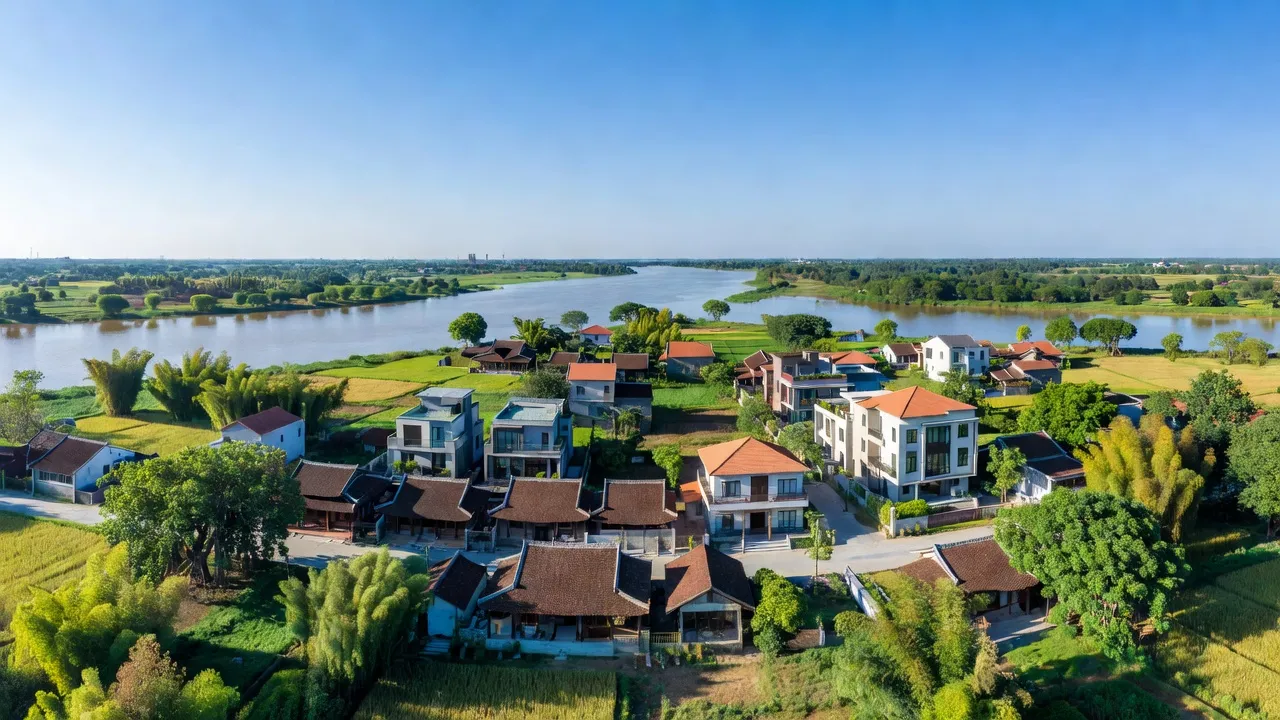 Khung cảnh xã Võng La, huyện Đông Anh với sông Hồng và những ngôi nhà hiện đại, trời xanh.