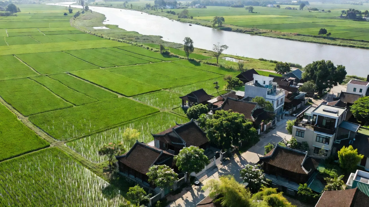 Quang cảnh xã Võng La, huyện Đông Anh với sông Hồng và nhà cửa truyền thống, bối cảnh sống động.