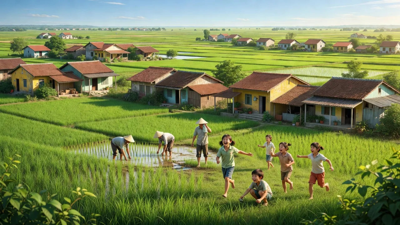 Xã Xuân Canh, Huyện Đông Anh, Hà Nội với đồng xanh và nhà nông thôn, sống động và gần gũi.