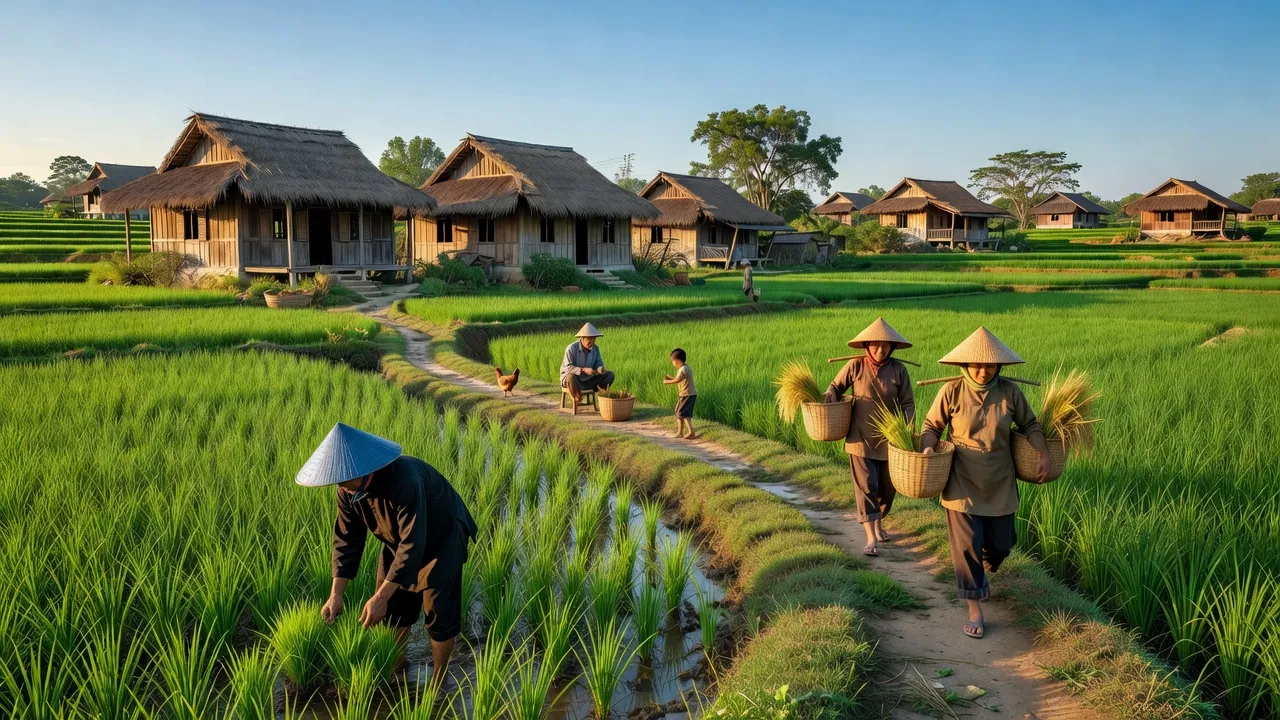Cảnh quan làng Xuân Nộn, huyện Đông Anh, với những cánh đồng xanh và nhà truyền thống.