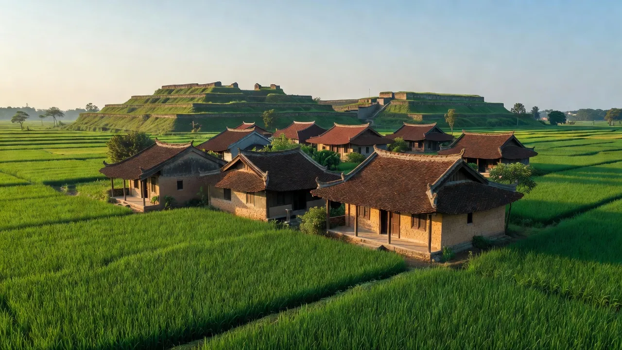 Làng Xuân Nộn, Huyện Đông Anh, gần thành Cổ Loa với nhà truyền thống và cánh đồng xanh.