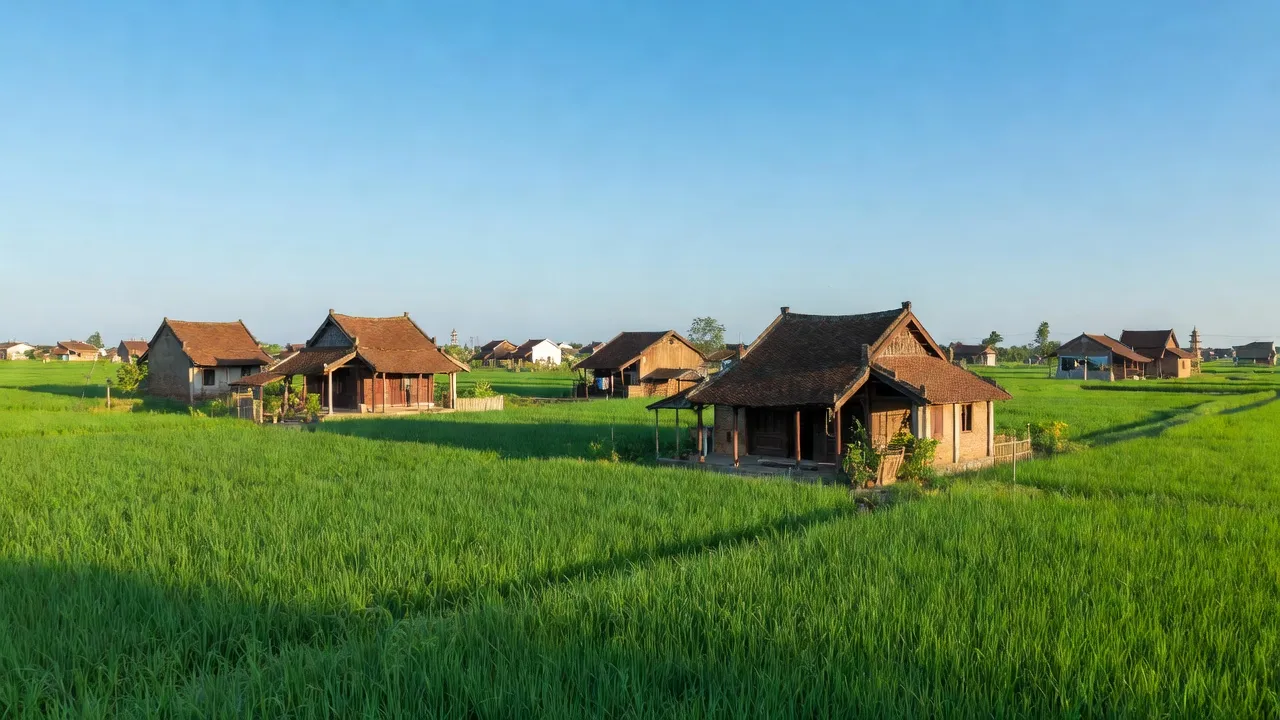 Cảnh đẹp Xã Cổ Bi, Gia Lâm, Hà Nội với cánh đồng xanh và nhà truyền thống.