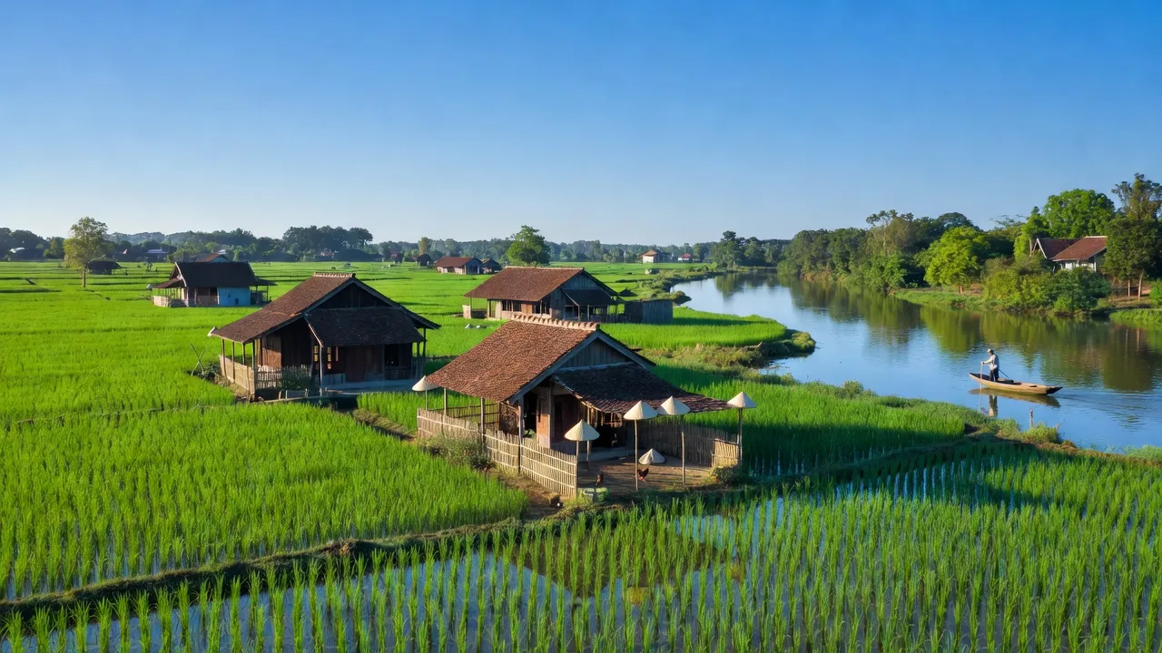 Đa Tốn, Gia Lâm, Hà Nội với cánh đồng xanh và dòng sông Đuống, bầu trời trong xanh.