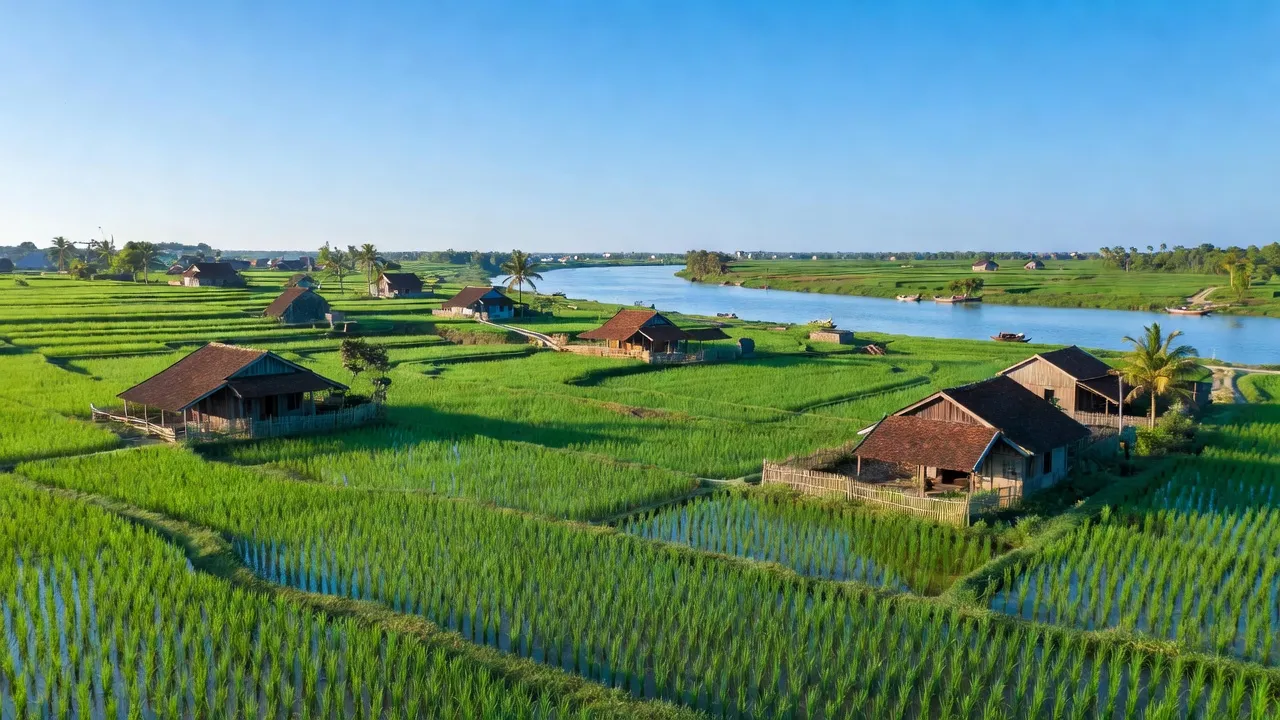 Khung cảnh yên bình ở xã Đa Tốn, huyện Gia Lâm, với ruộng lúa và sông Đuống.