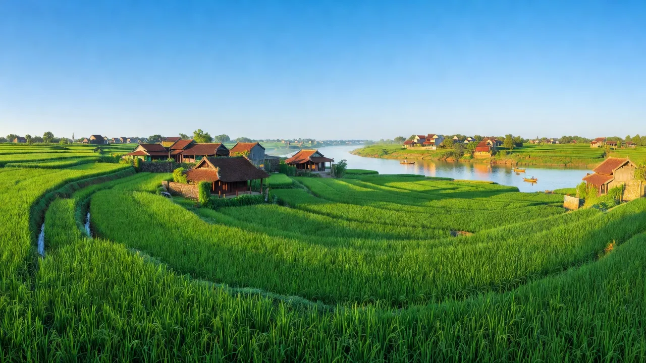Khung cảnh làng Đặng Xá, huyện Gia Lâm, Hà Nội với đồng lúa xanh tươi và sông Đuống.