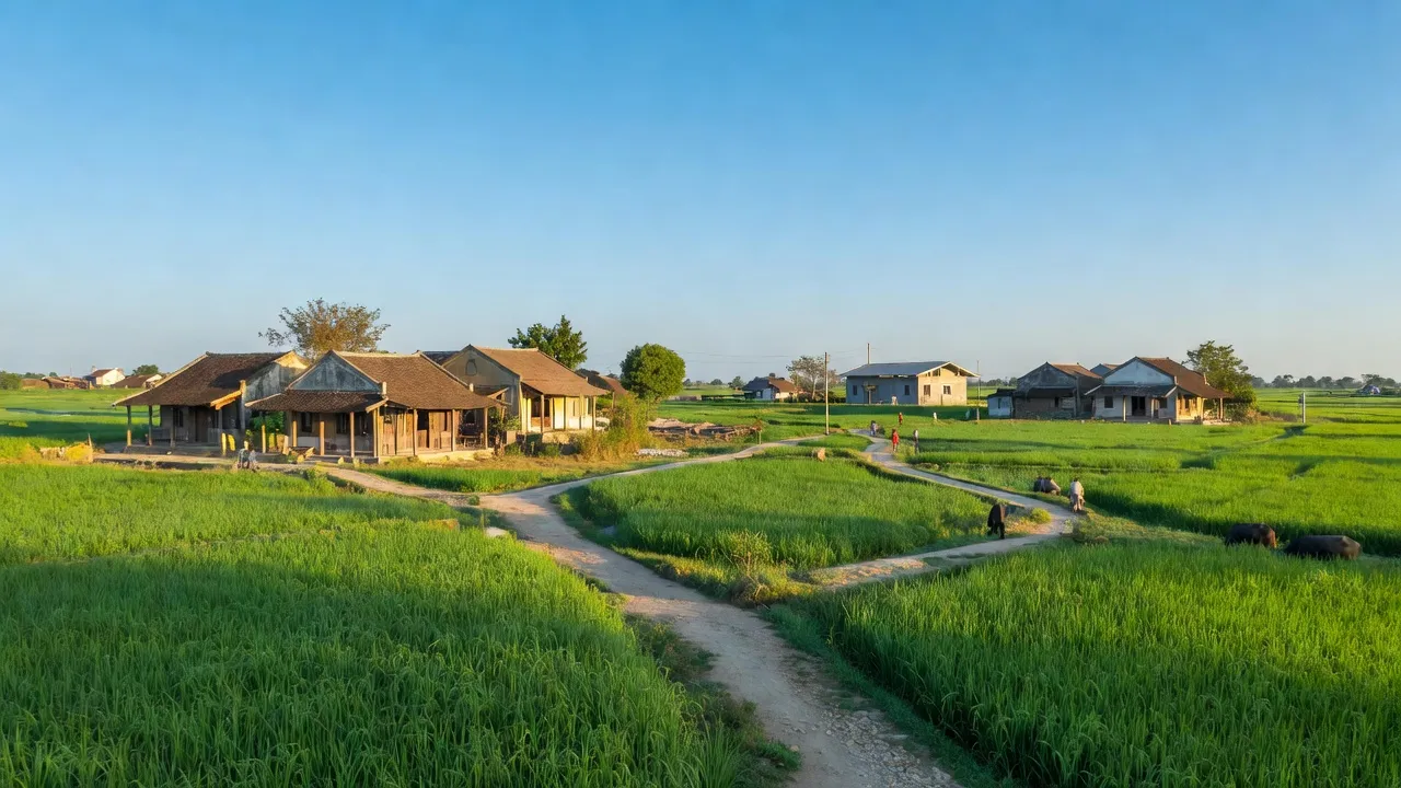 Khung cảnh làng quê Dương Quang, Gia Lâm, Hà Nội, với cánh đồng xanh và nhà truyền thống.