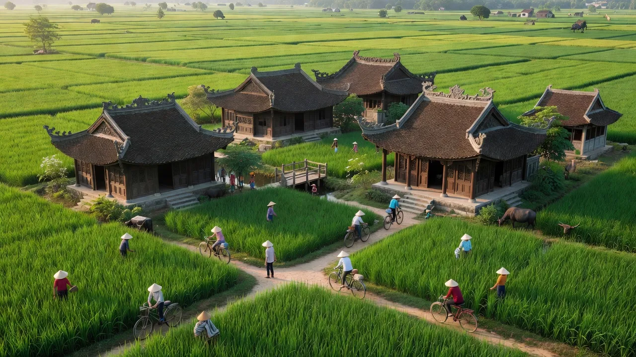 Khung cảnh thôn Dương Xá, huyện Gia Lâm, Hà Nội với kiến trúc truyền thống và đồng xanh.