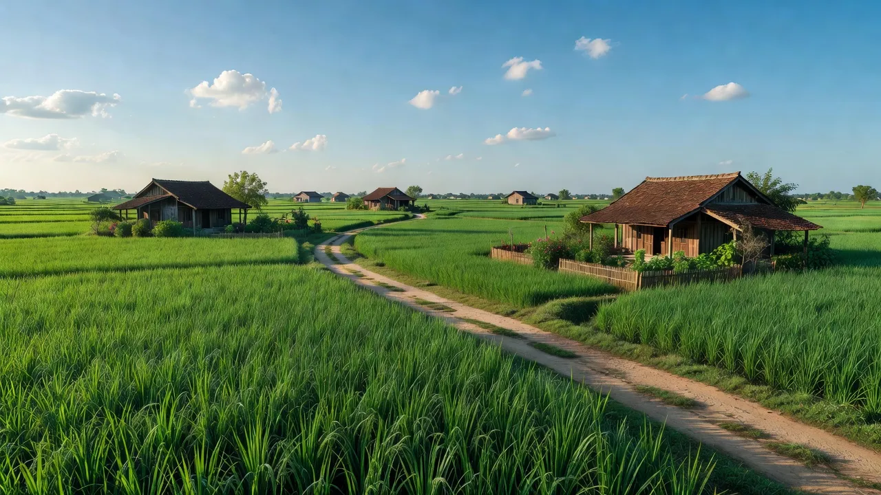 Khung cảnh xã Kiêu Kỵ, huyện Gia Lâm với đồng xanh, nhà cửa truyền thống và bầu trời trong xanh.