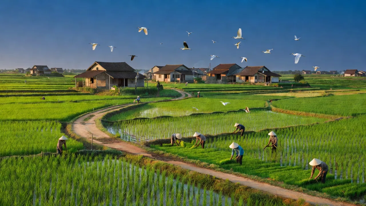 Quang cảnh Xã Kiêu Kỵ, huyện Gia Lâm, Hà Nội với ruộng xanh và bầu trời trong xanh.