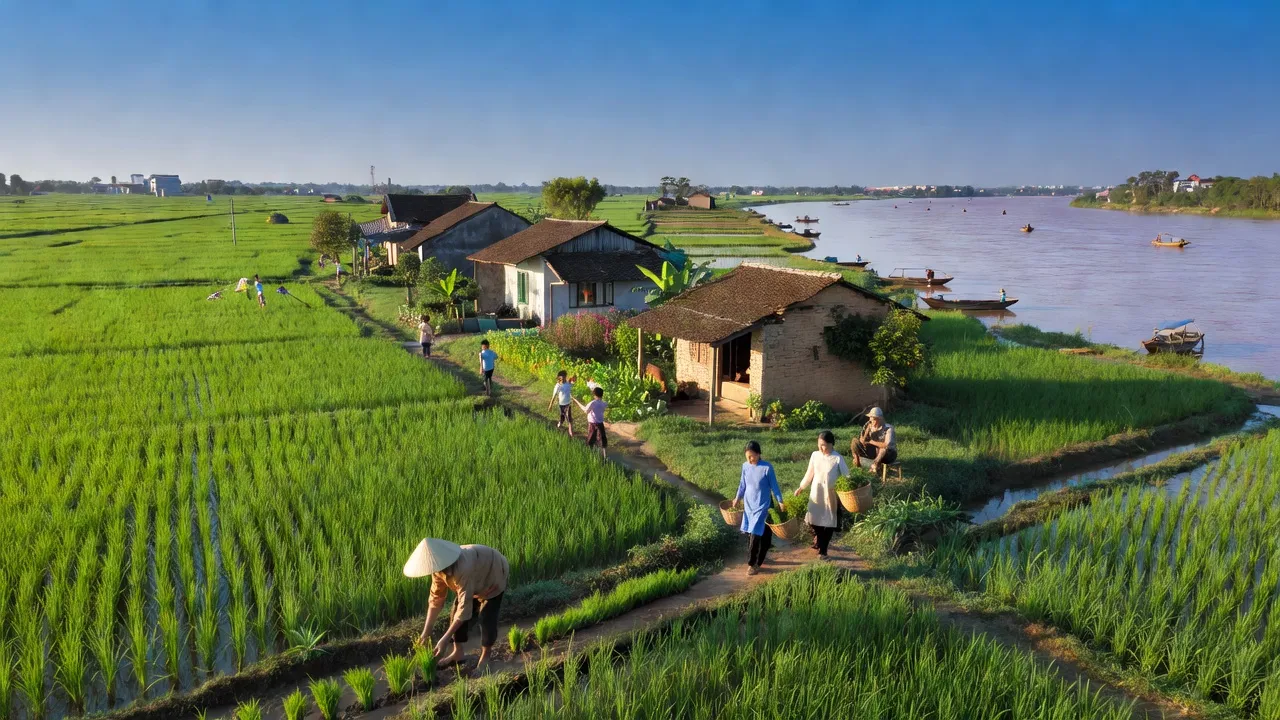 Cảnh đẹp Xã Kim Đức huyện Gia Lâm, Hà Nội với cảnh đồng xanh, vị trí ven sông Hồng.
