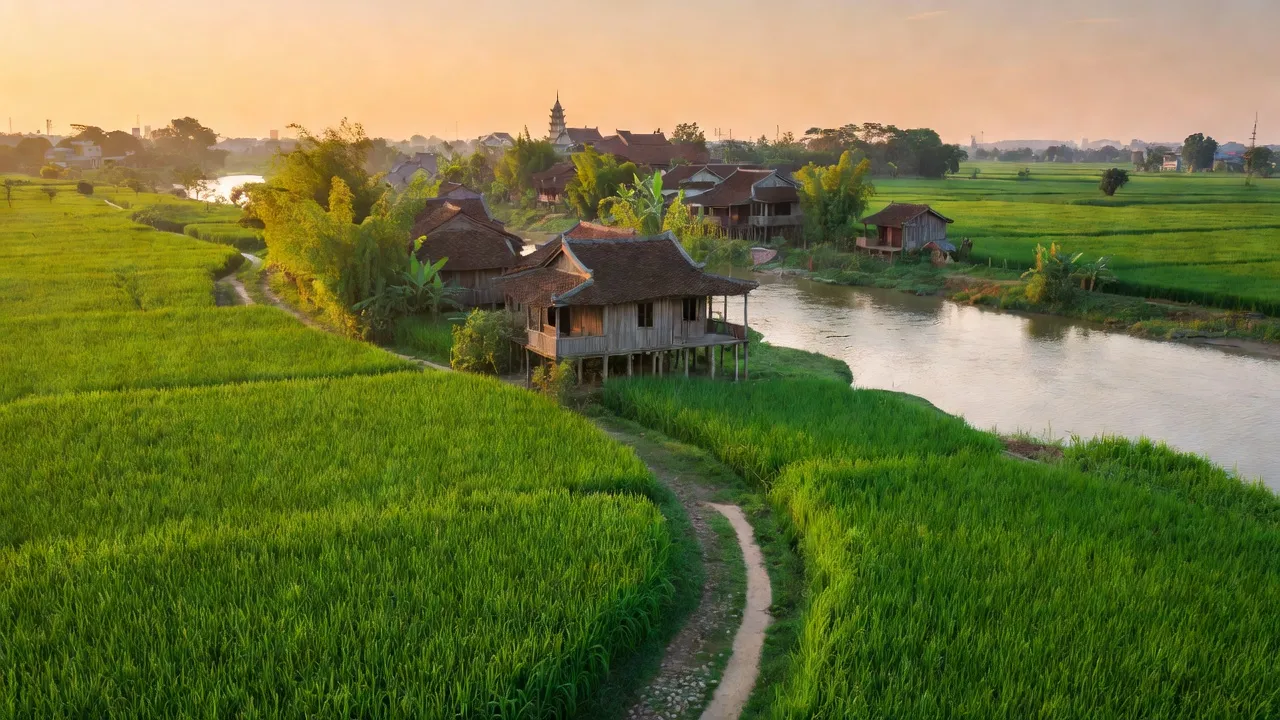 Cảnh sắc hữu tình xã Kim Đức, huyện Gia Lâm, Hà Nội với cánh đồng xanh và dòng sông Hồng.