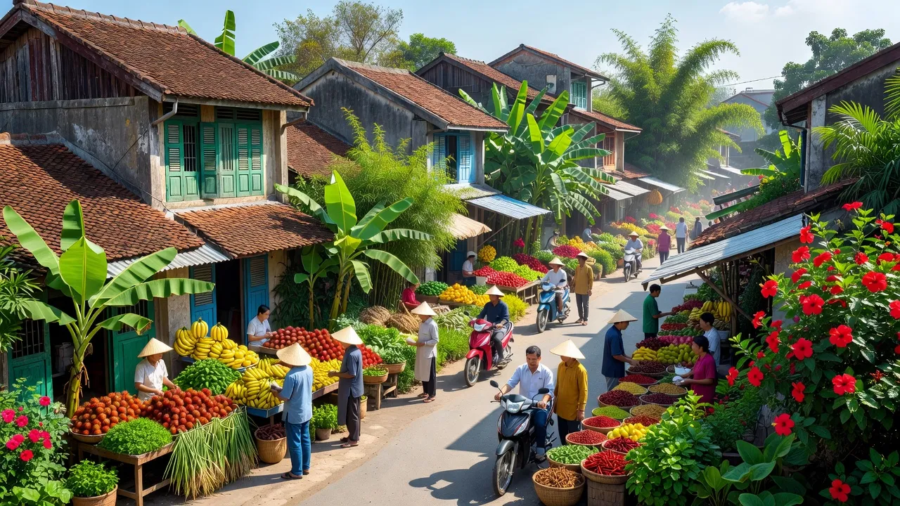 Khung cảnh nhộn nhịp xã Ninh Hiệp, huyện Gia Lâm, Hà Nội với chợ và nhà truyền thống.
