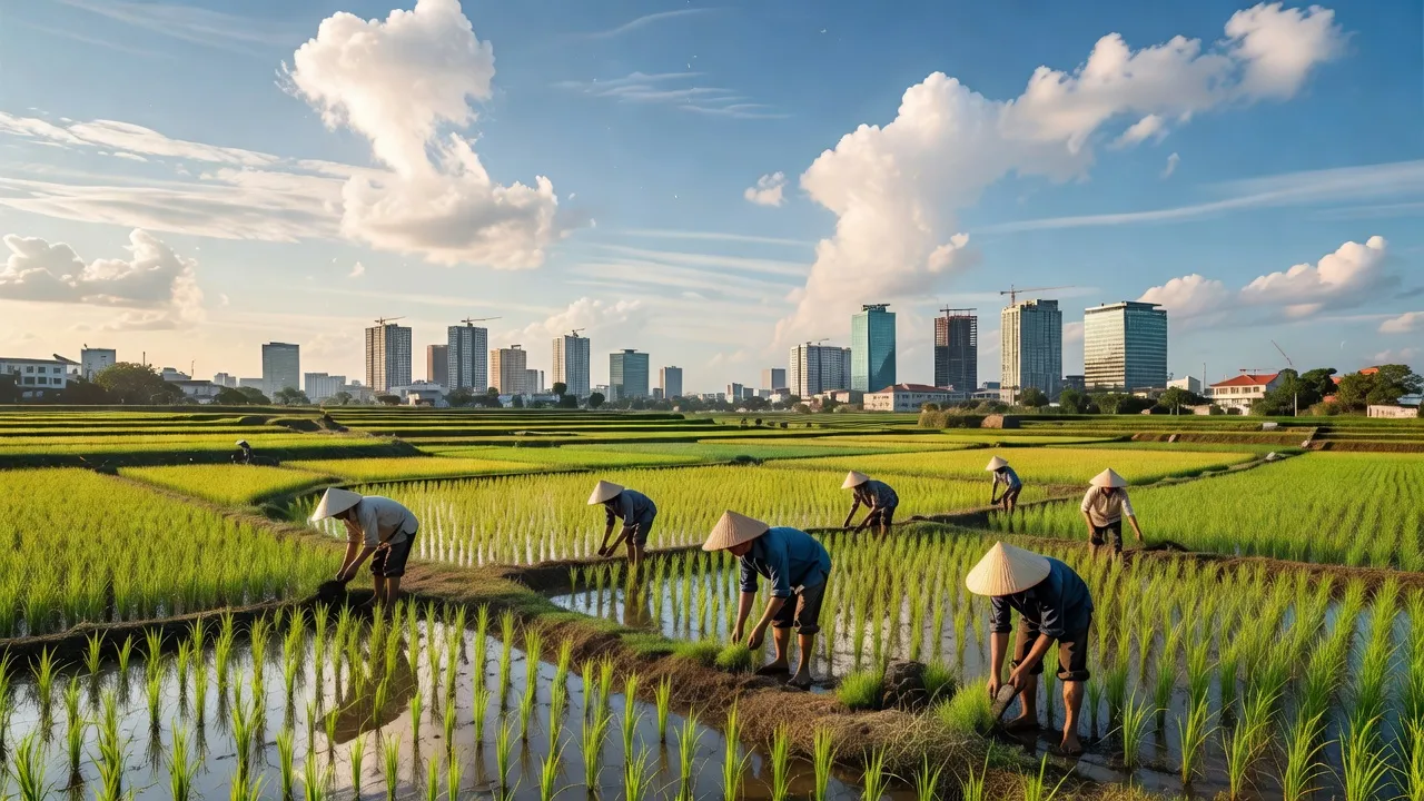 Cảnh đẹp xã Phù Đổng, huyện Gia Lâm, Hà Nội với đồng xanh và nhà hiện đại.