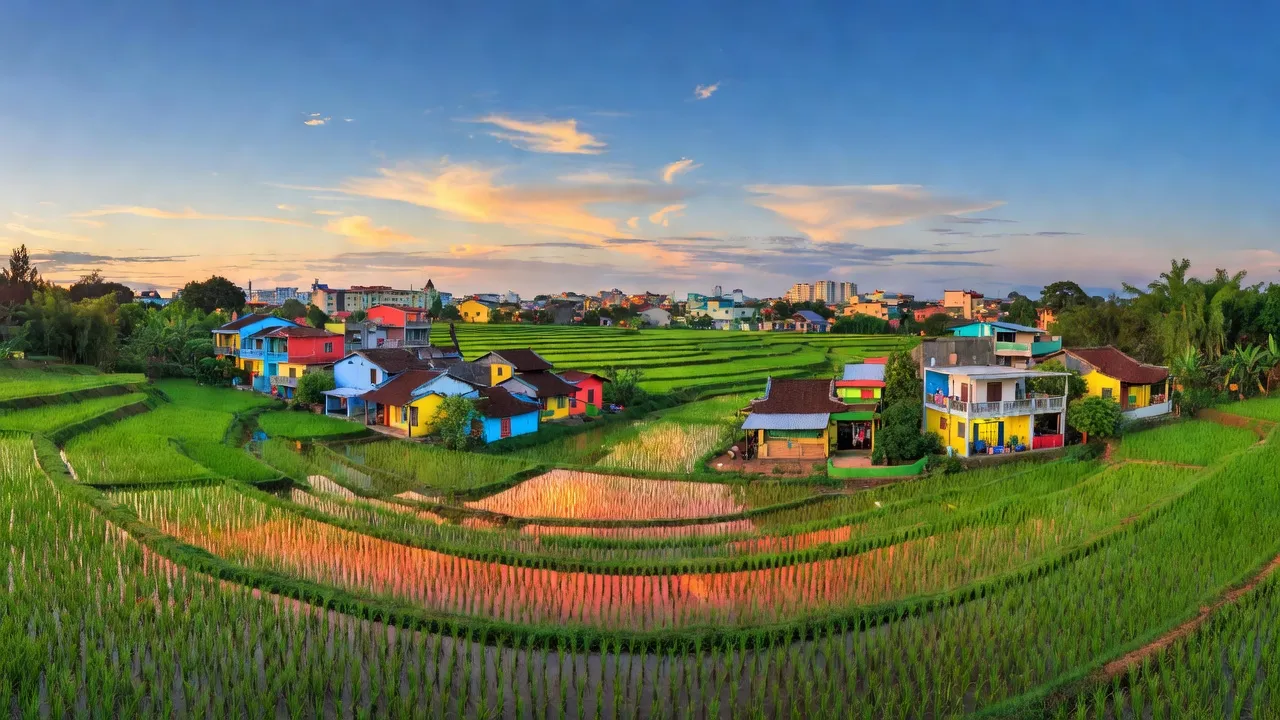 Cảnh làng Phù Đổng, Gia Lâm, Hà Nội với ruộng lúa và phát triển đô thị, bầu trời đẹp