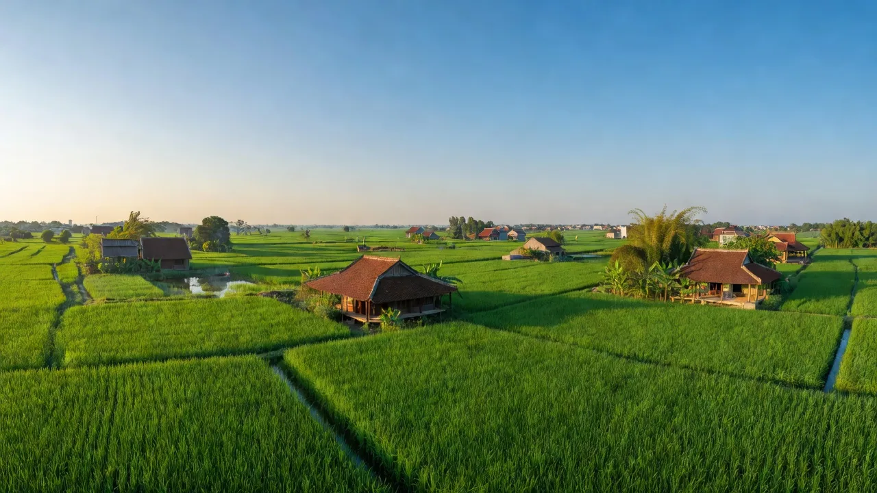 Khung cảnh Xã Phú Sơn, huyện Gia Lâm, Hà Nội với cánh đồng xanh và nhà truyền thống.