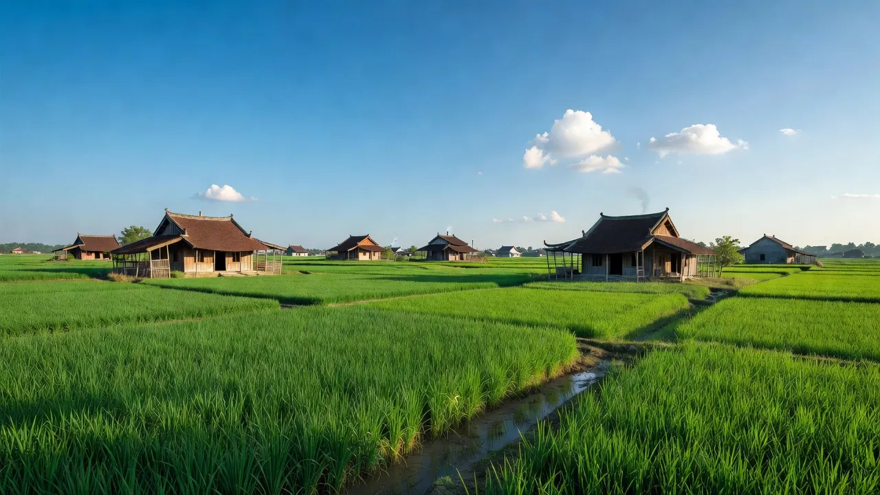 Quang cảnh xã Phú Sơn, huyện Gia Lâm, Hà Nội với ruộng lúa xanh và nhà truyền thống.