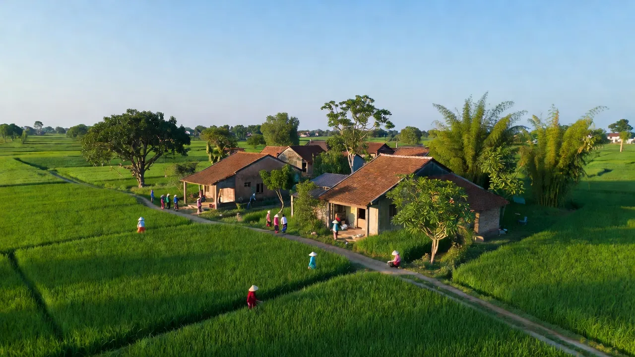 Khung cảnh thanh bình xã Thiên Đức, huyện Gia Lâm, Hà Nội với cánh đồng xanh và nhà cửa.