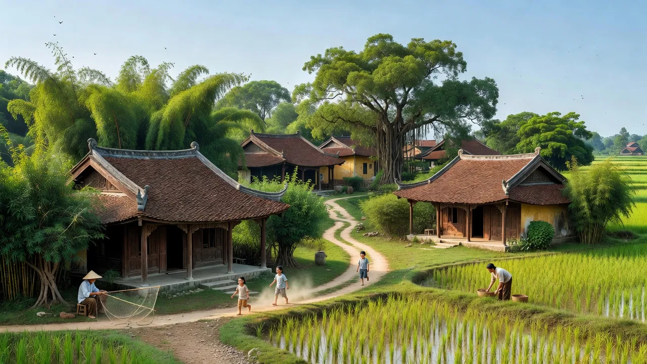 Khung cảnh yên bình của xã Thiên Đức, huyện Gia Lâm, Hà Nội với kiến trúc truyền thống và thiên nhiên tươi đẹp.