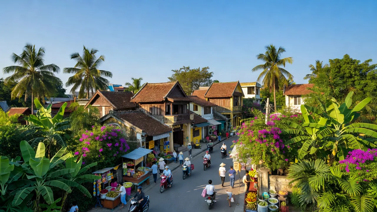 Thị trấn Trâu Quỳ, Gia Lâm, Hà Nội, with greenery, traditional houses, and lively streets.
