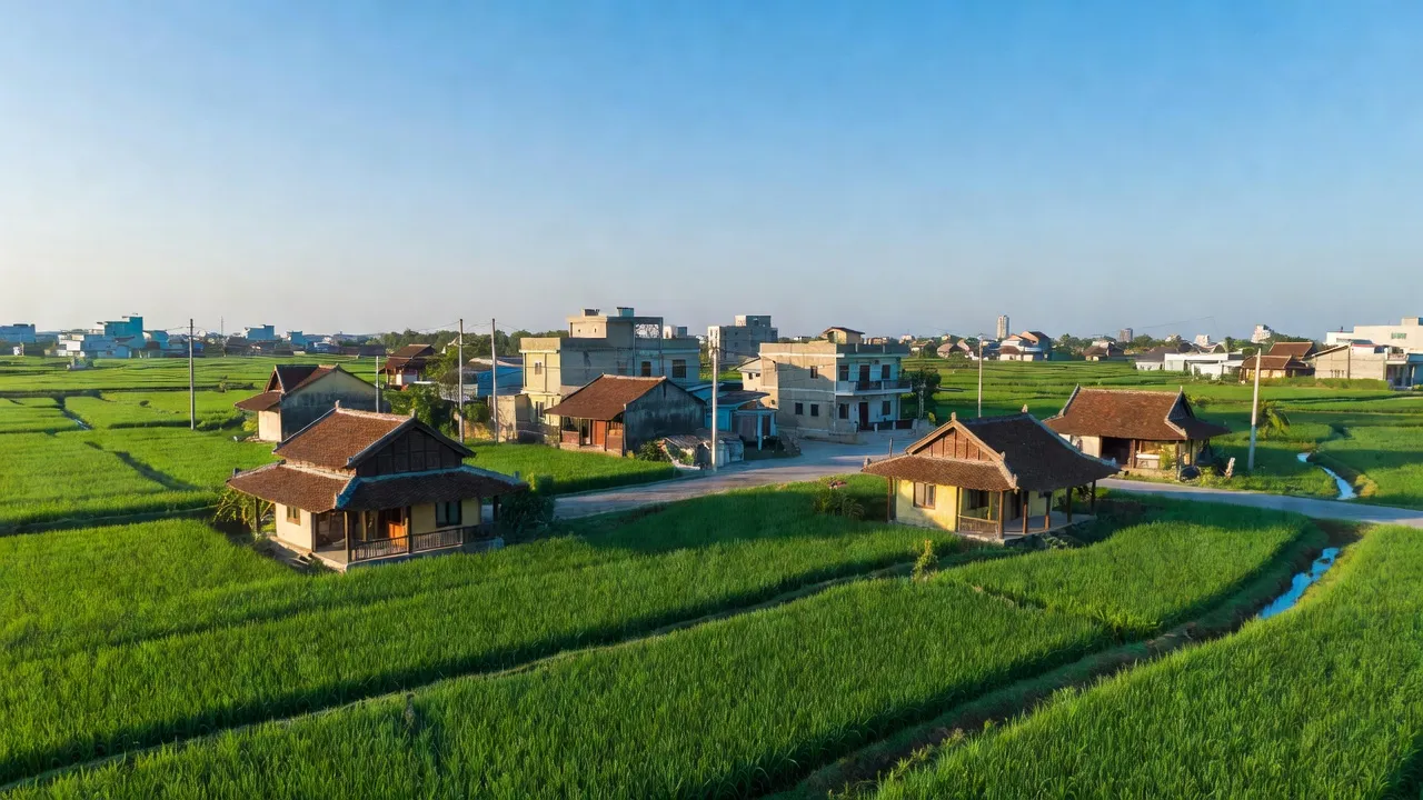 Thị trấn Trâu Quỳ, Huyện Gia Lâm, Hà Nội với cánh đồng xanh và nhà truyền thống.