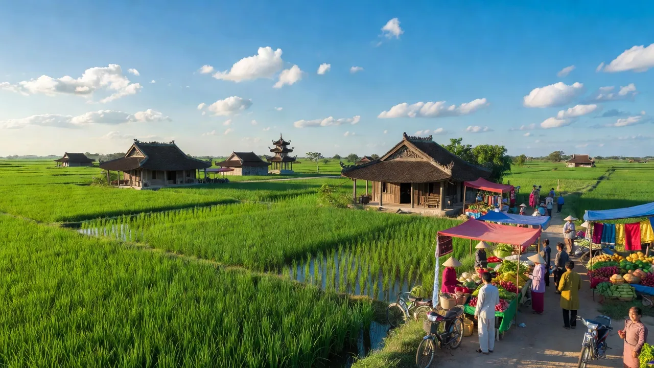 Quang cảnh Xã Yên Thường, Huyện Gia Lâm, với cánh đồng xanh và kiến trúc truyền thống.