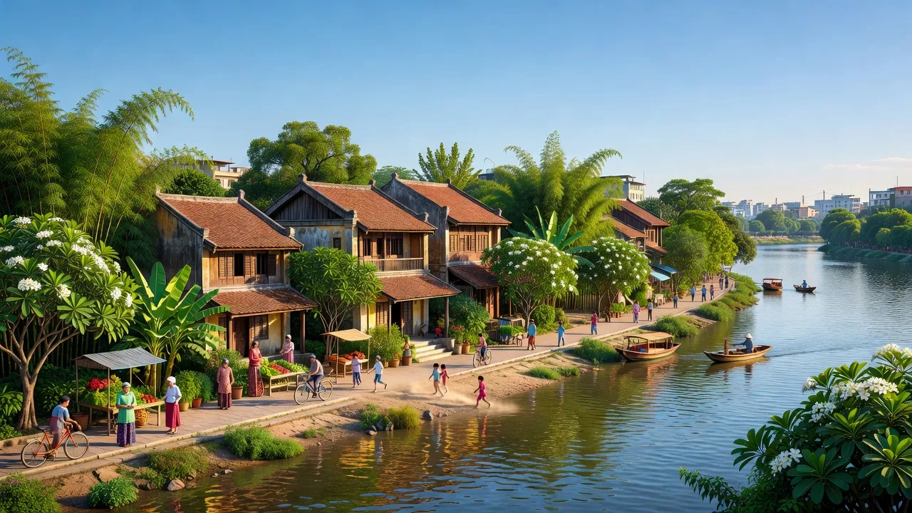 Khung cảnh thơ mộng Thị trấn Yên Viên, Huyện Gia Lâm, bên sông Đuống, kiến trúc Việt Nam truyền thống.