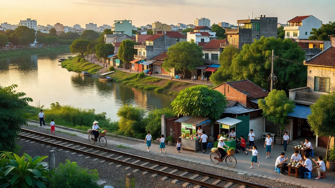 Thị trấn Yên Viên, huyện Gia Lâm, Hà Nội, với dòng sông Đuống và cuộc sống đô thị sôi động.