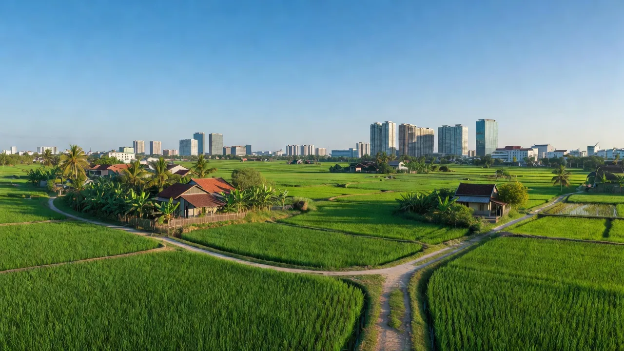 Huyện Hoài Đức, Hà Nội với cảnh quan xanh tươi, thể hiện sự phát triển đô thị và nông thôn hòa quyện.