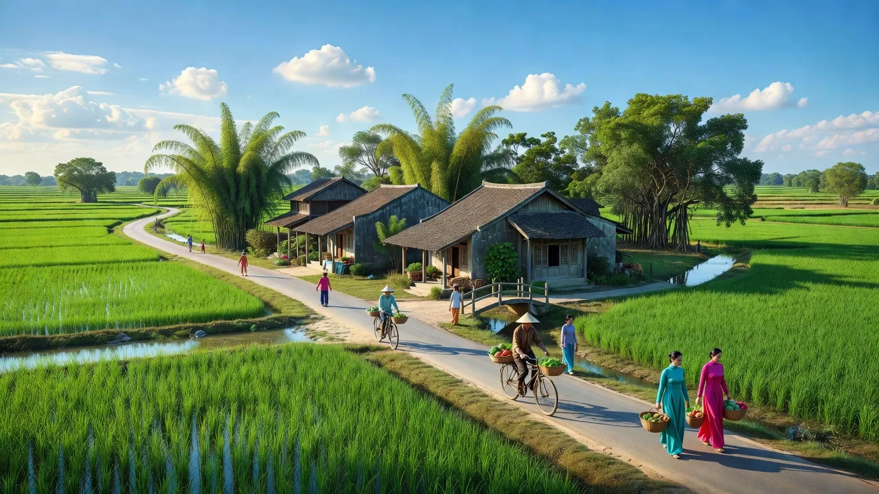 Khung cảnh xã An Khánh, Hoài Đức, Hà Nội với phong cảnh xanh tươi và nhà truyền thống.