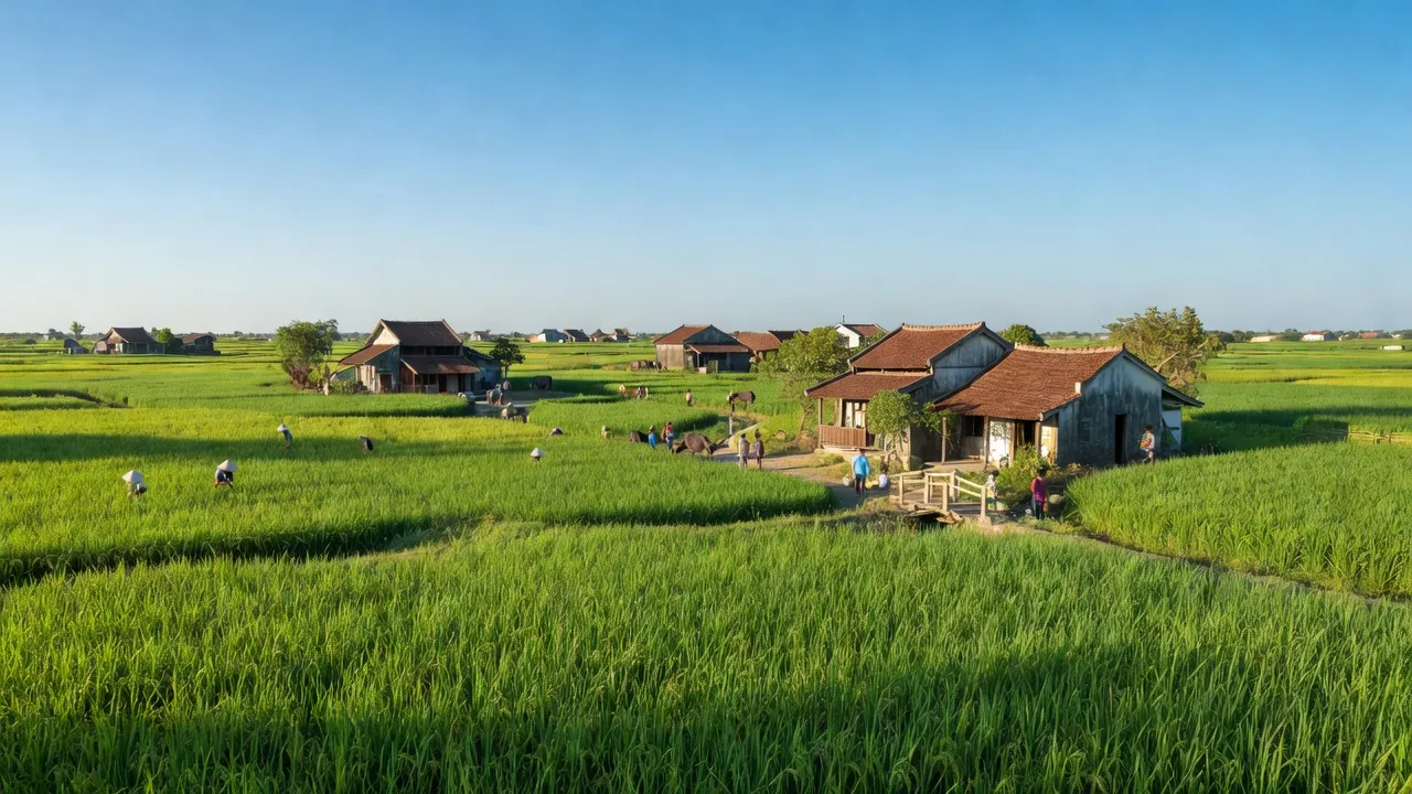 Cảnh đồng xanh An Thượng, huyện Hoài Đức, Hà Nội, thể hiện vẻ đẹp nông thôn và nhà truyền thống.