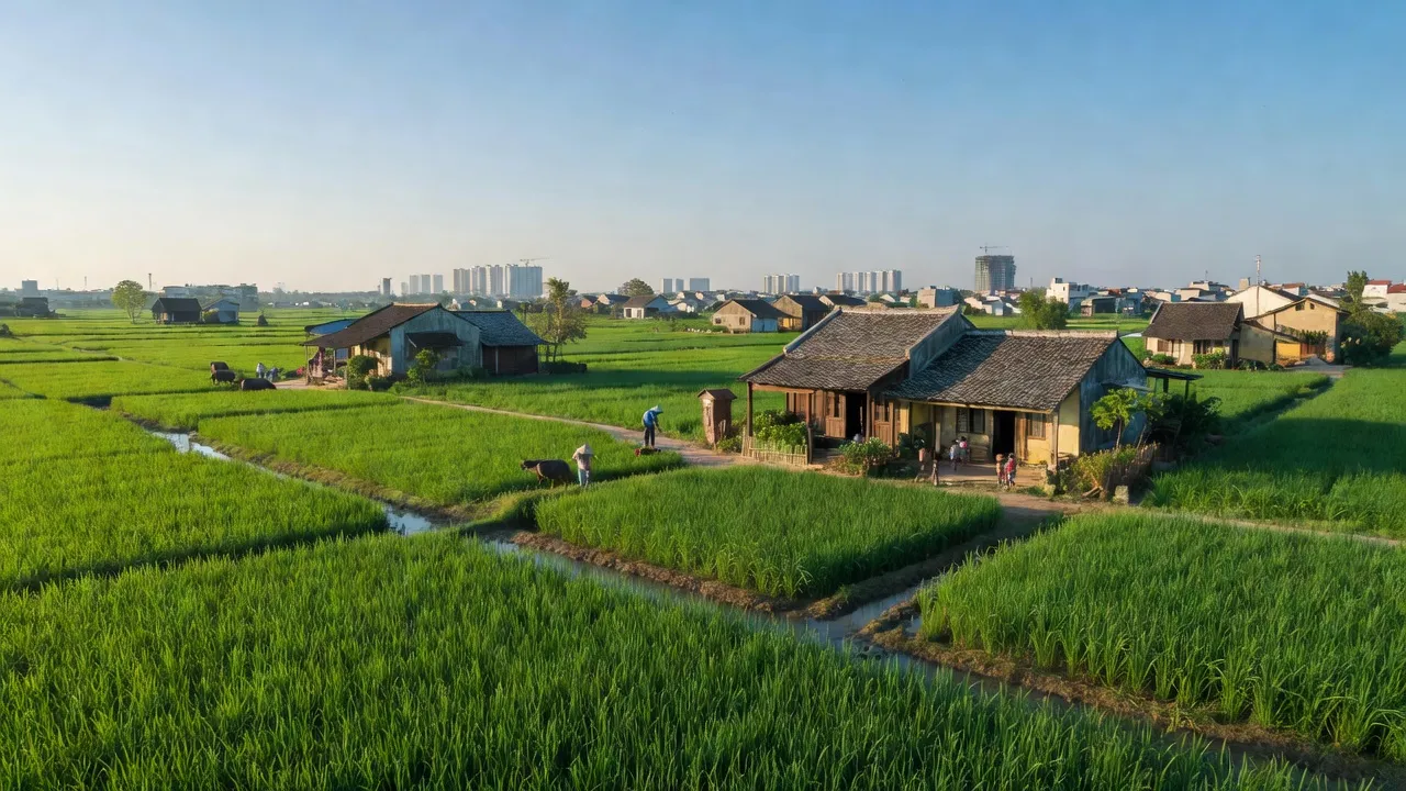 Khung cảnh Xã An Thượng, huyện Hoài Đức, Hà Nội với đồng xanh và nhà truyền thống.